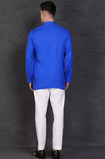 blue cotton short kurta set with plain work