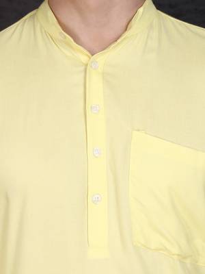 yellow cotton short kurta set with plain work 4