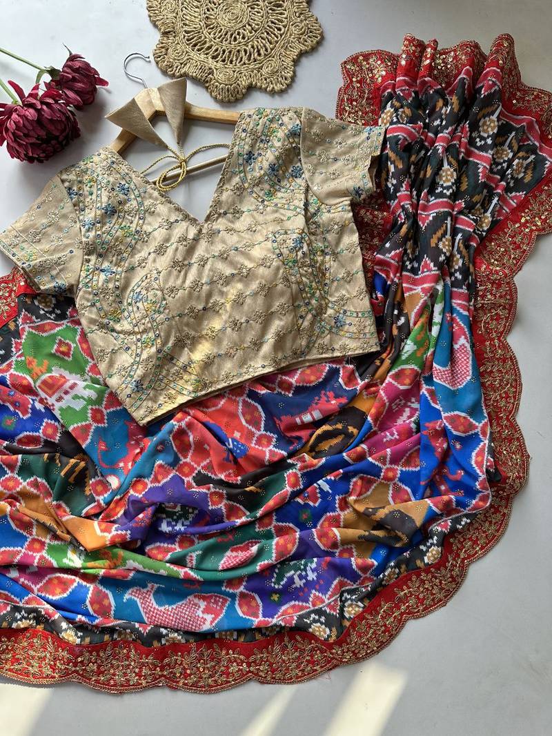 Multi Color Sequins cutwork lace border Georgette Saree