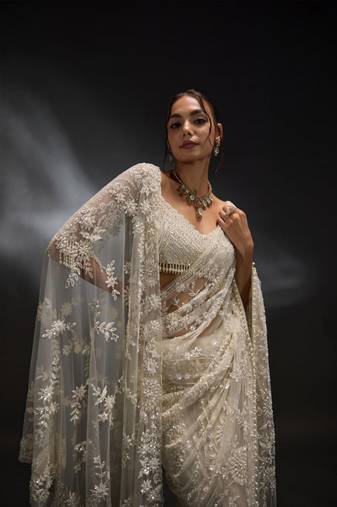 white net saree with sequins embroidery work