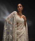 white net saree with sequins embroidery work