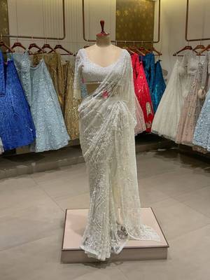 white net saree with sequins embroidery work 2