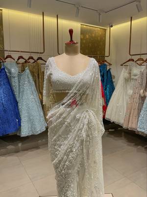 white net saree with sequins embroidery work 3