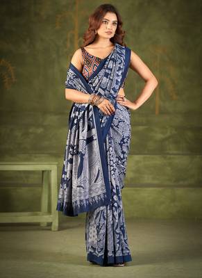 navy blue tussar silk saree with kalamkari print 1