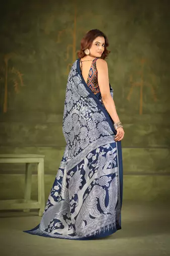 navy blue tussar silk saree with kalamkari print