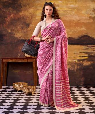 pink printed tussar silk saree with classic border 1