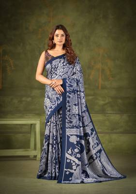 navy blue tussar silk saree with kalamkari print 4