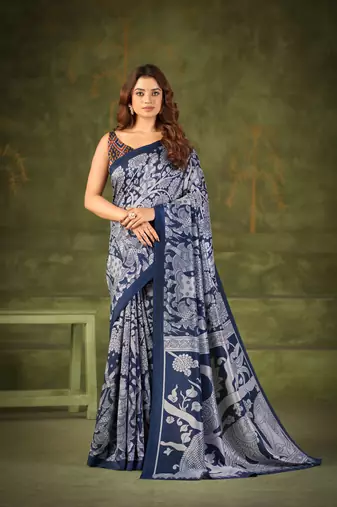 navy blue tussar silk saree with kalamkari print