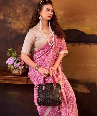 pink printed tussar silk saree with classic border 2