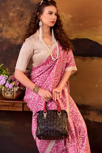 pink printed tussar silk saree with classic border