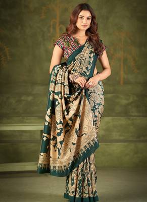 green tussar silk saree with kalamkari print 1