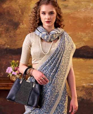 blue printed tussar silk saree with  border 2