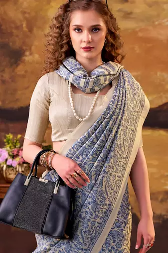 blue printed tussar silk saree with  border