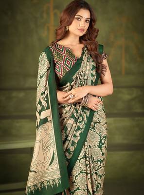 green tussar silk saree with kalamkari print 2