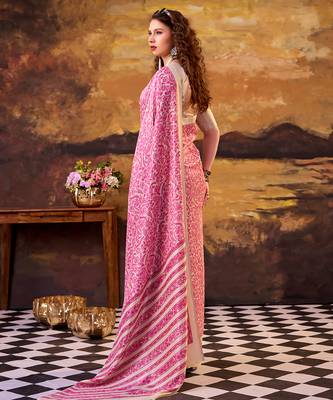 pink printed tussar silk saree with classic border 3