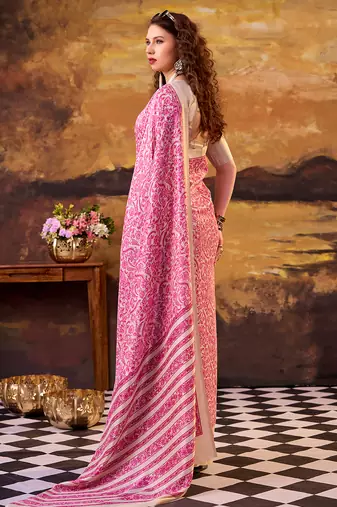 pink printed tussar silk saree with classic border