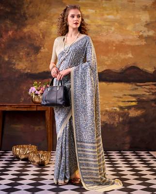 blue printed tussar silk saree with  border 1