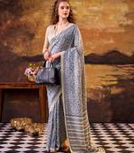 blue printed tussar silk saree with  border