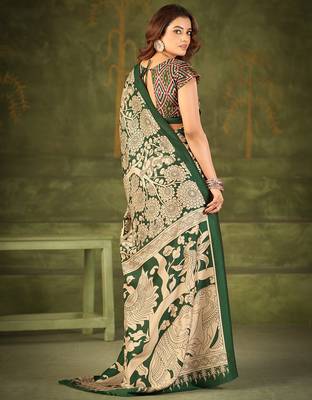 green tussar silk saree with kalamkari print 3