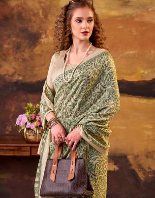 green printed tussar silk saree with classic border 1
