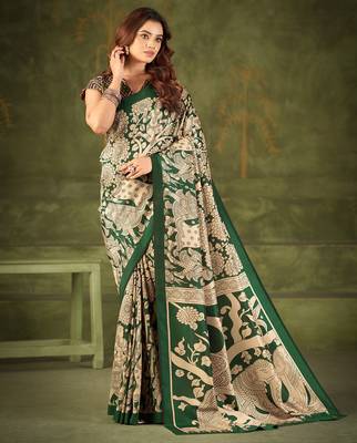 green tussar silk saree with kalamkari print 4