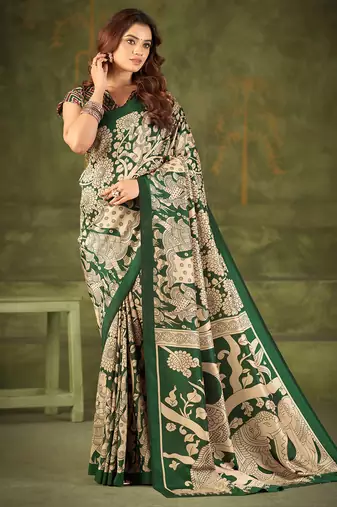 green tussar silk saree with kalamkari print