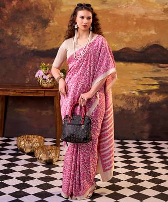 pink printed tussar silk saree with classic border 4