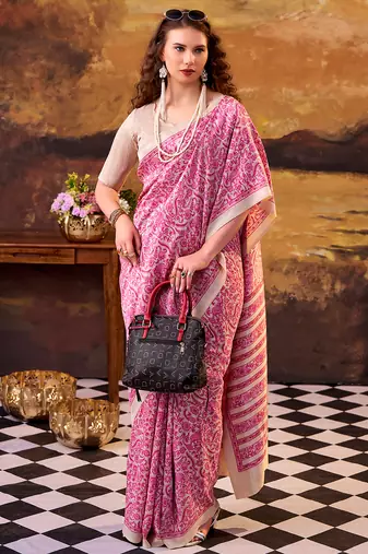 pink printed tussar silk saree with classic border