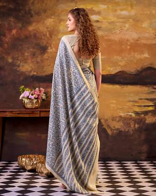 blue printed tussar silk saree with  border 3