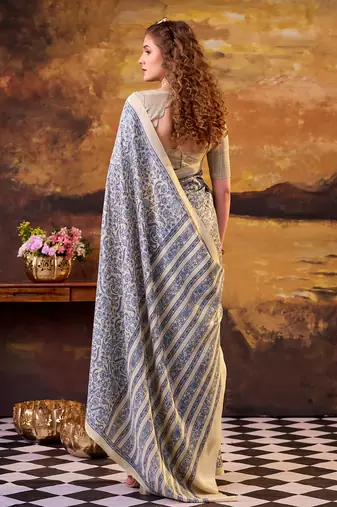 blue printed tussar silk saree with  border