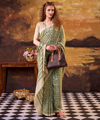 green printed tussar silk saree with classic border 2