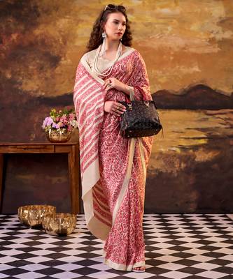 designer red printed tussar silk saree with  border 1
