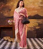 designer red printed tussar silk saree with  border