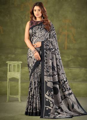 black tussar silk saree with kalamkari print 1