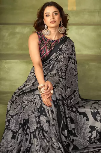 black tussar silk saree with kalamkari print
