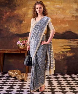 blue printed tussar silk saree with  border 4