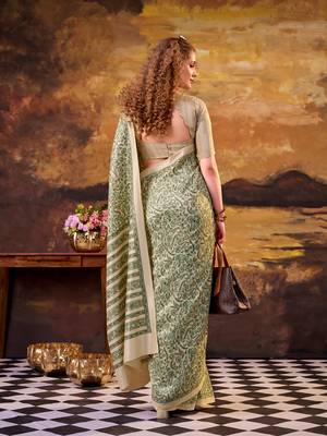 green printed tussar silk saree with classic border 3