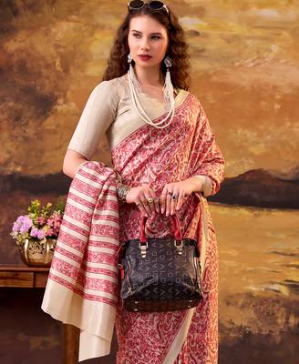 designer red printed tussar silk saree with  border 2