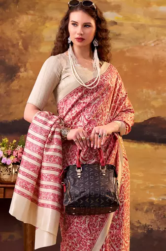 designer red printed tussar silk saree with  border