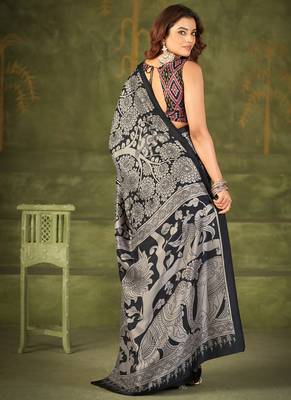 black tussar silk saree with kalamkari print 3