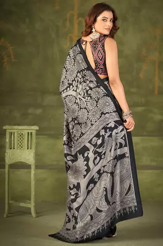 black tussar silk saree with kalamkari print