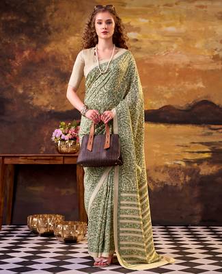 green printed tussar silk saree with classic border 4