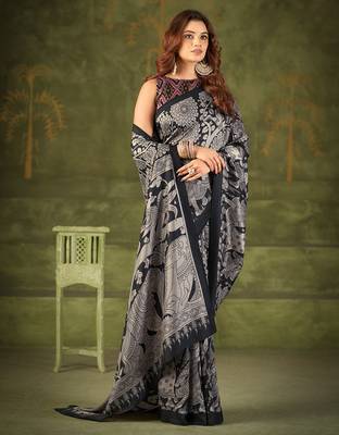black tussar silk saree with kalamkari print 4