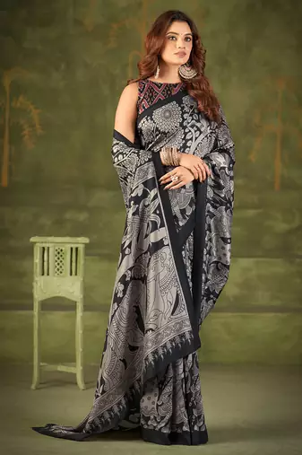 black tussar silk saree with kalamkari print