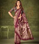 maroon tussar silk saree with kalamkari print