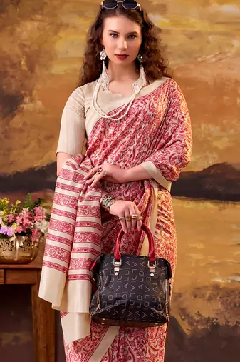 designer red printed tussar silk saree with  border