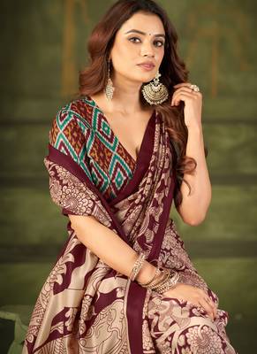 maroon tussar silk saree with kalamkari print 2