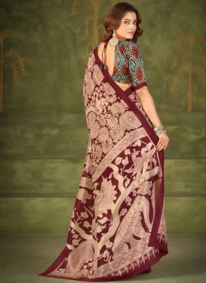 maroon tussar silk saree with kalamkari print 3