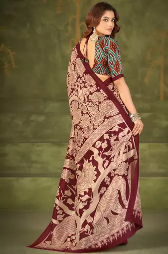 maroon tussar silk saree with kalamkari print