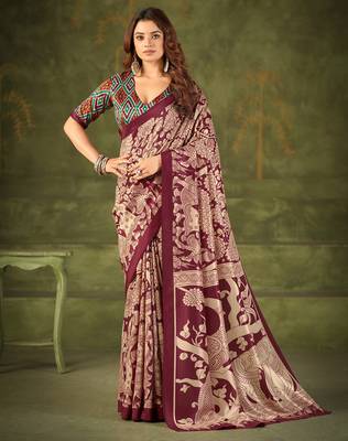 maroon tussar silk saree with kalamkari print 4